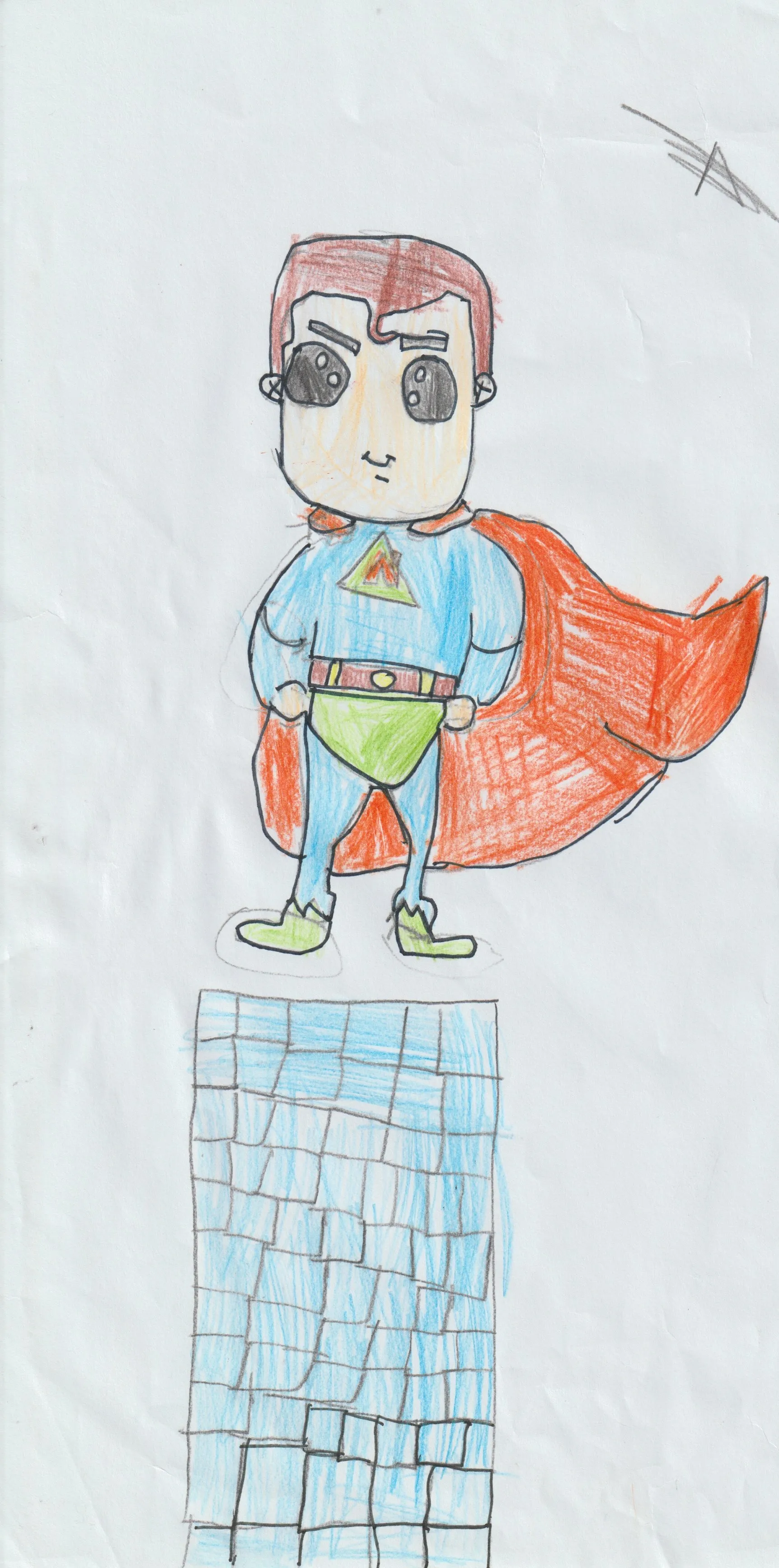 a man in a blue suit a orange cape and green pants floating over the top of a building