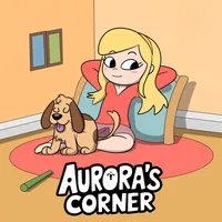 cartoon style girl with blonde hair relaxing in a corner with a dog. Underneath is text saying Auroras Corner