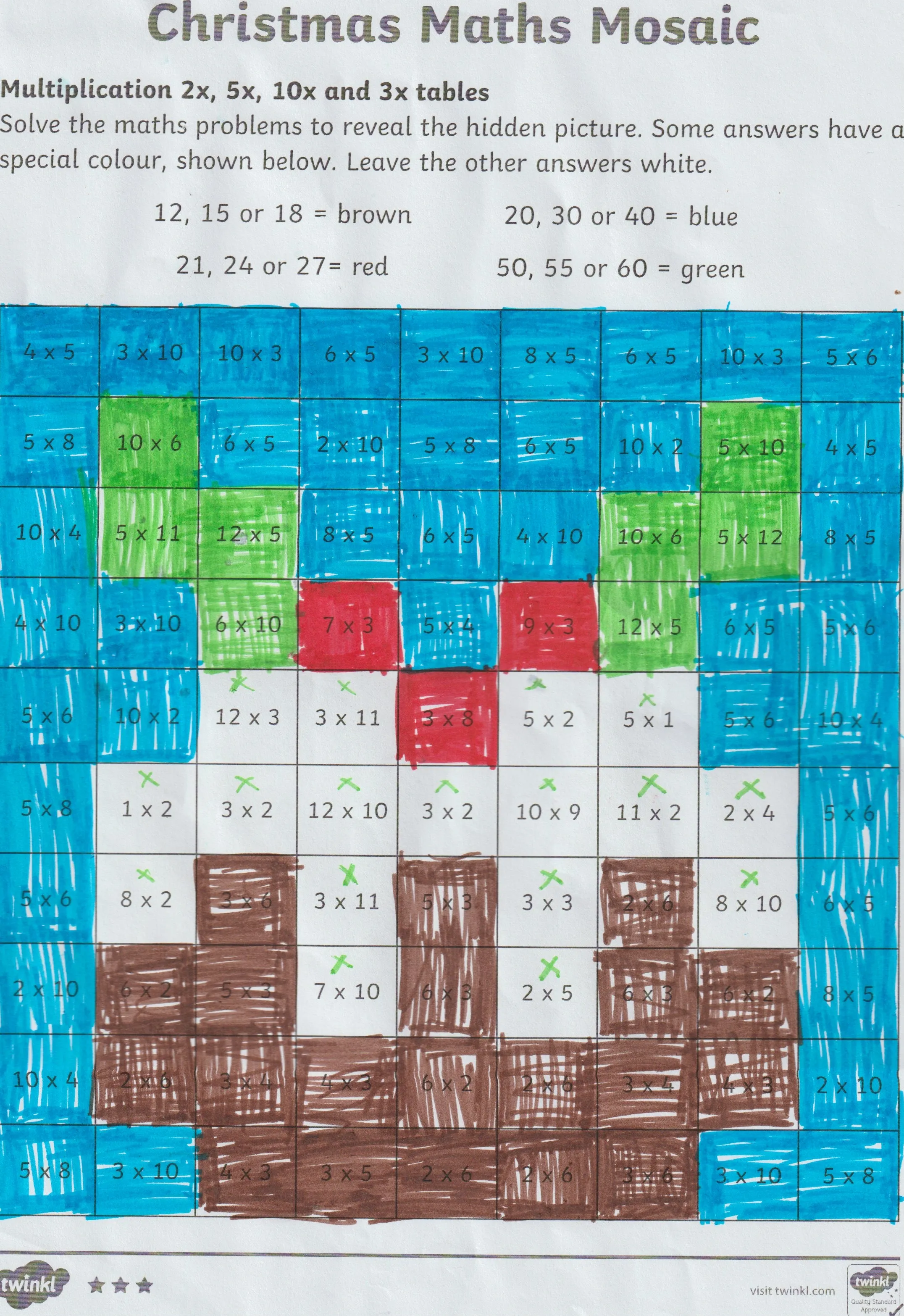 Colouring of a christmas maths mosiac that is a Christmas Pudding