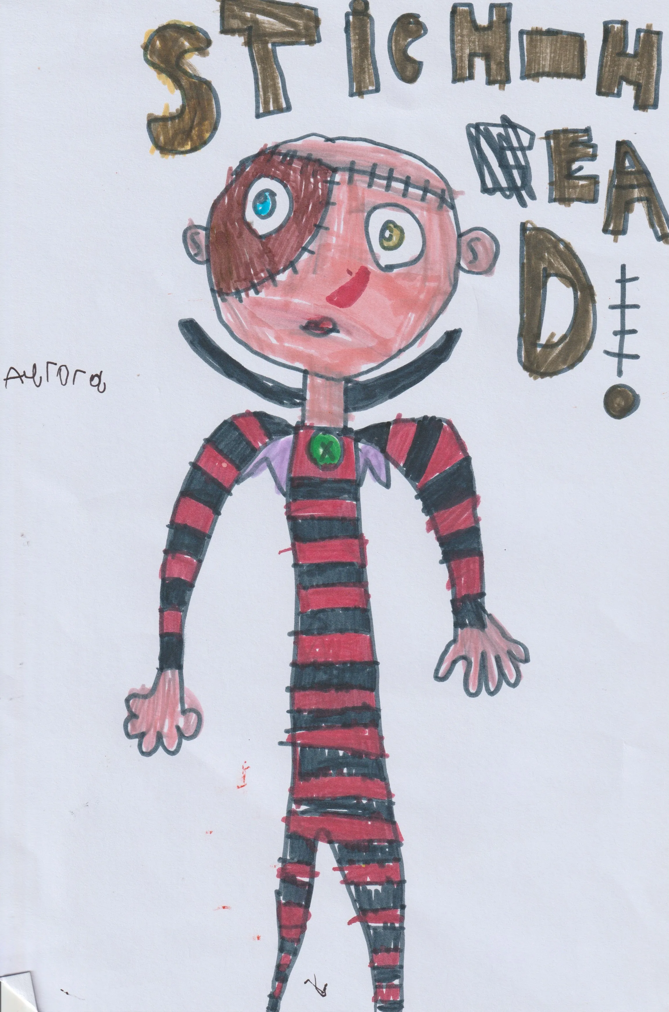 Drawing and colouring of Stitchhead, a character from a trailer I saw at the cinema